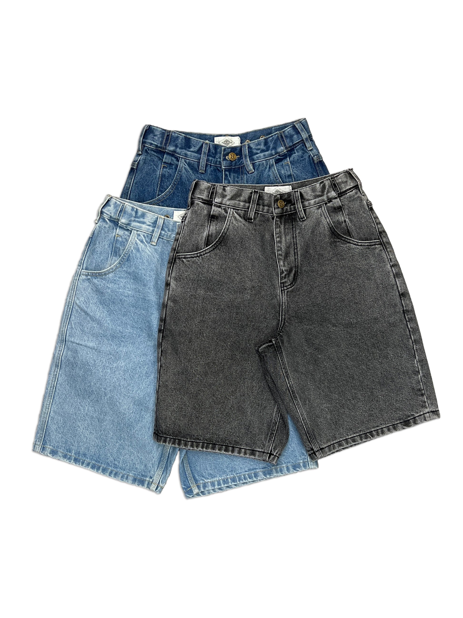 Standard Issue Denim Shorts, 100% cotton - 14 ounce denim, Navy, Light Blue and Black, Wide leg, Unisex, gender neutral, adjustable waist band allows for 2 inches of stretch and 2 inches of tightening.