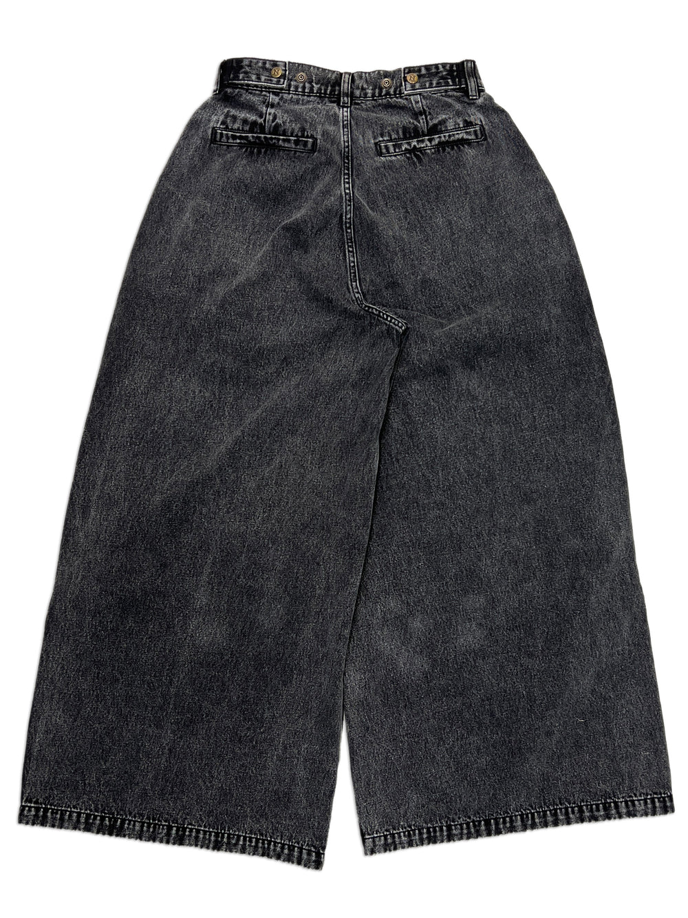 Culotte Denim Pants, 100% cotton - 12 ounce, Black, Wide leg, Unisex, gender neutral, adjustable waist band allows for 2 inches of stretch and 2 inches of tightening, back side photo, welt pockets