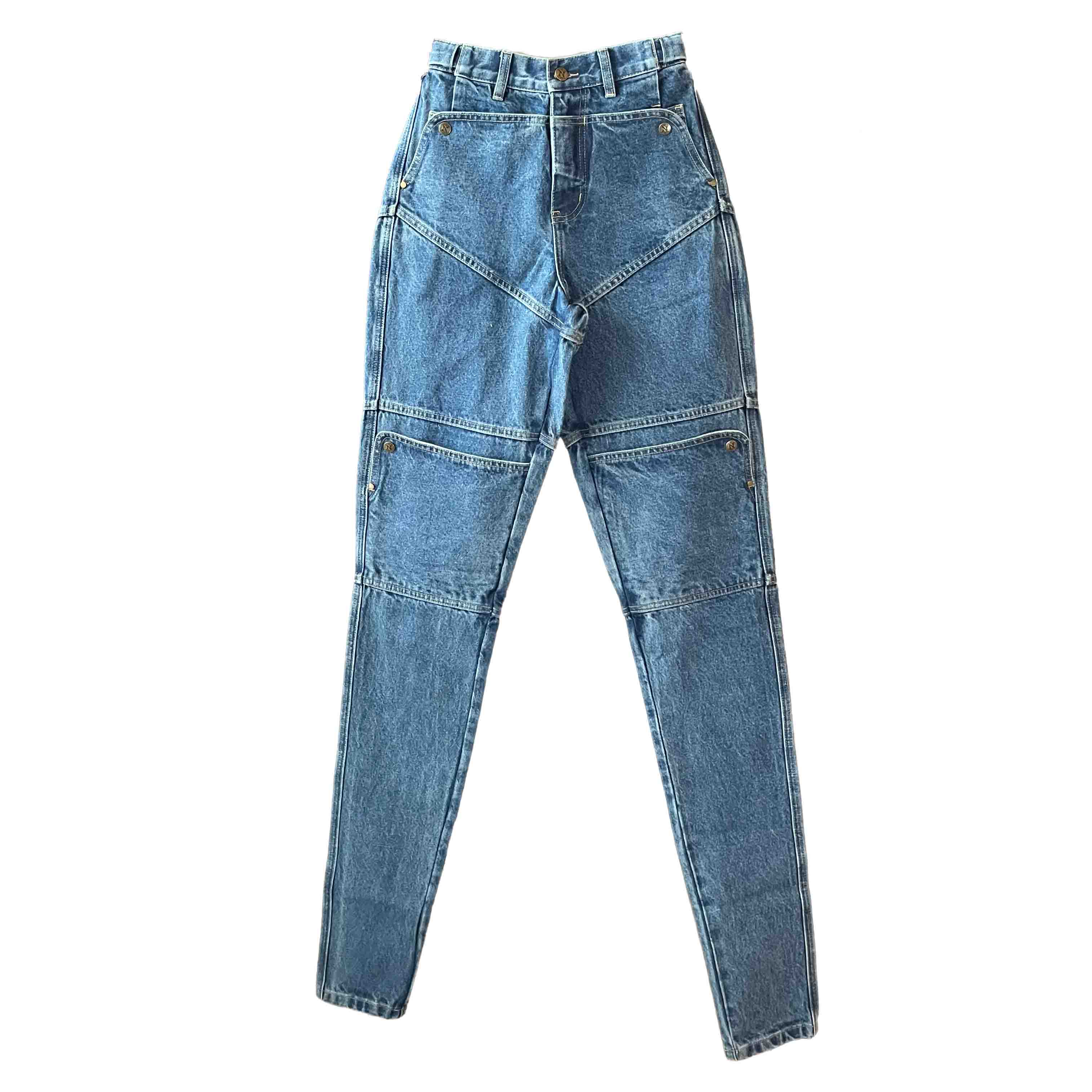 Waist: 24" x Inseam: 40" High Rise Navy Carpenter Straight Mule Ear Denim Pants-1