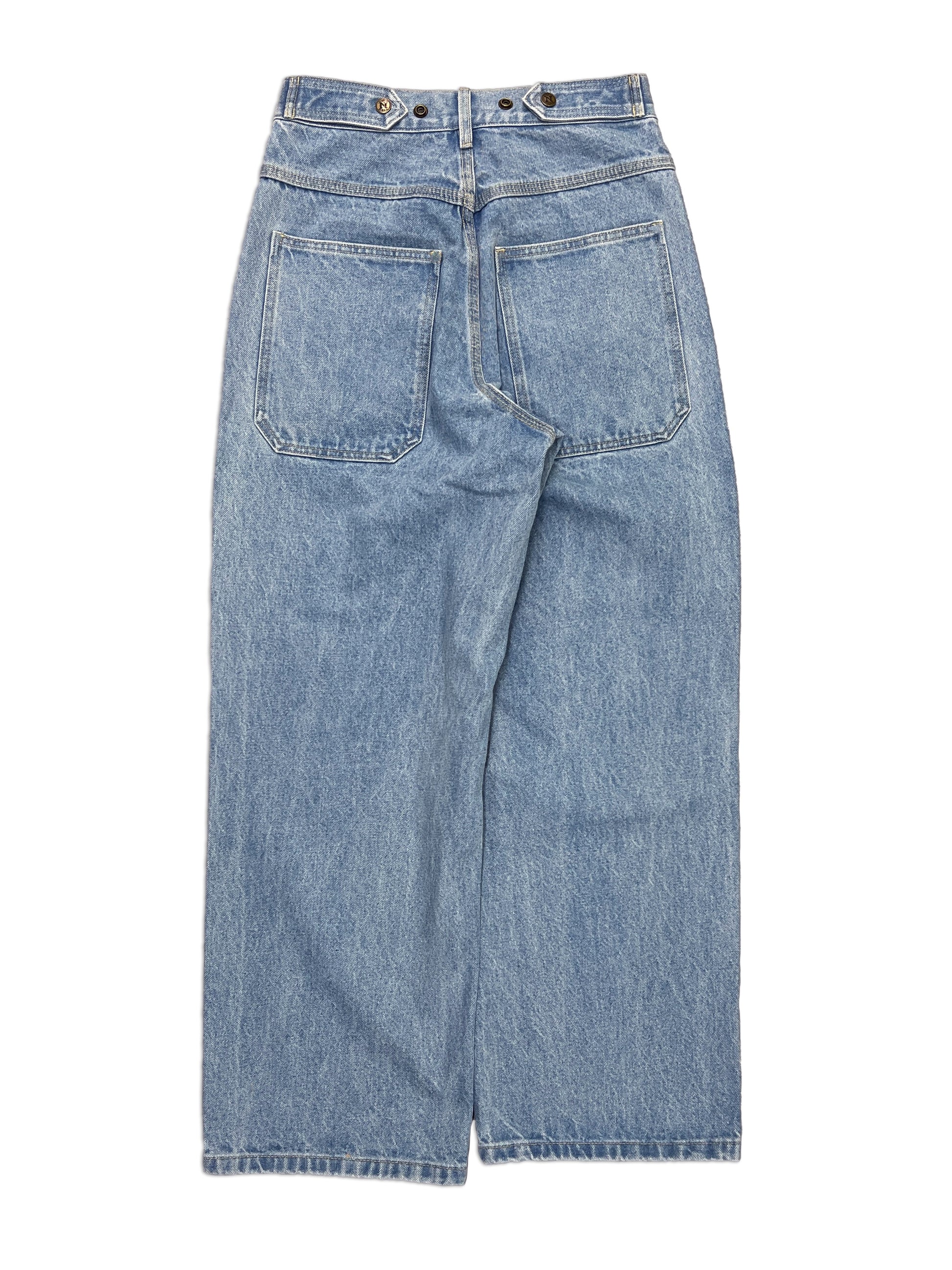 Straight Standard Issue Denim Pants, 100% cotton - 14 ounce denim, Navy, Straight leg, Unisex, gender neutral, adjustable waist band allows for 2 inches of stretch and 2 inches of tightening, back side picture, back side photo, oversized back pocket