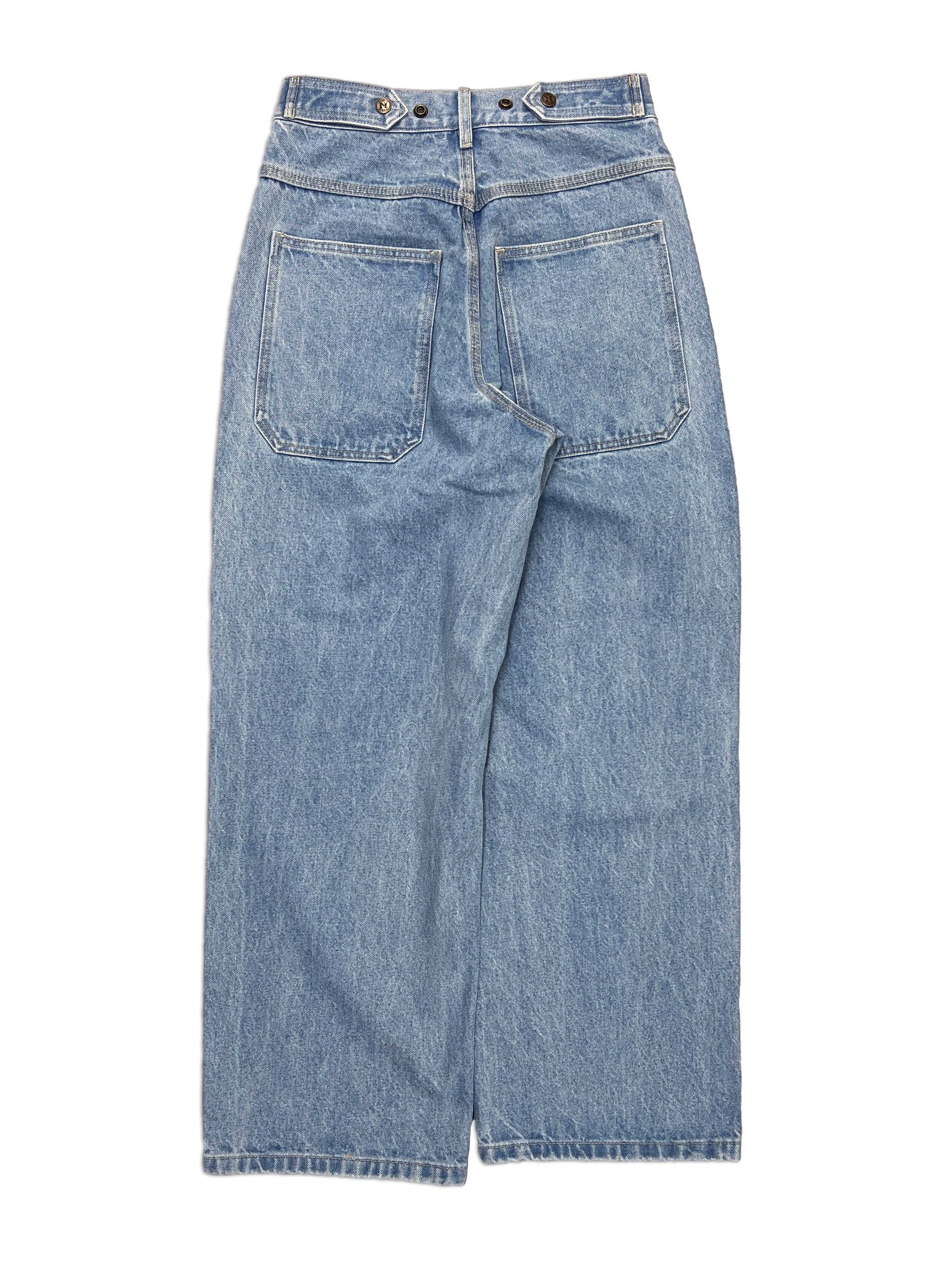 Straight Standard Issue Denim Pants, 100% cotton - 14 ounce denim, Navy, Straight leg, Unisex, gender neutral, adjustable waist band allows for 2 inches of stretch and 2 inches of tightening, back side picture, back side photo, oversized back pocket