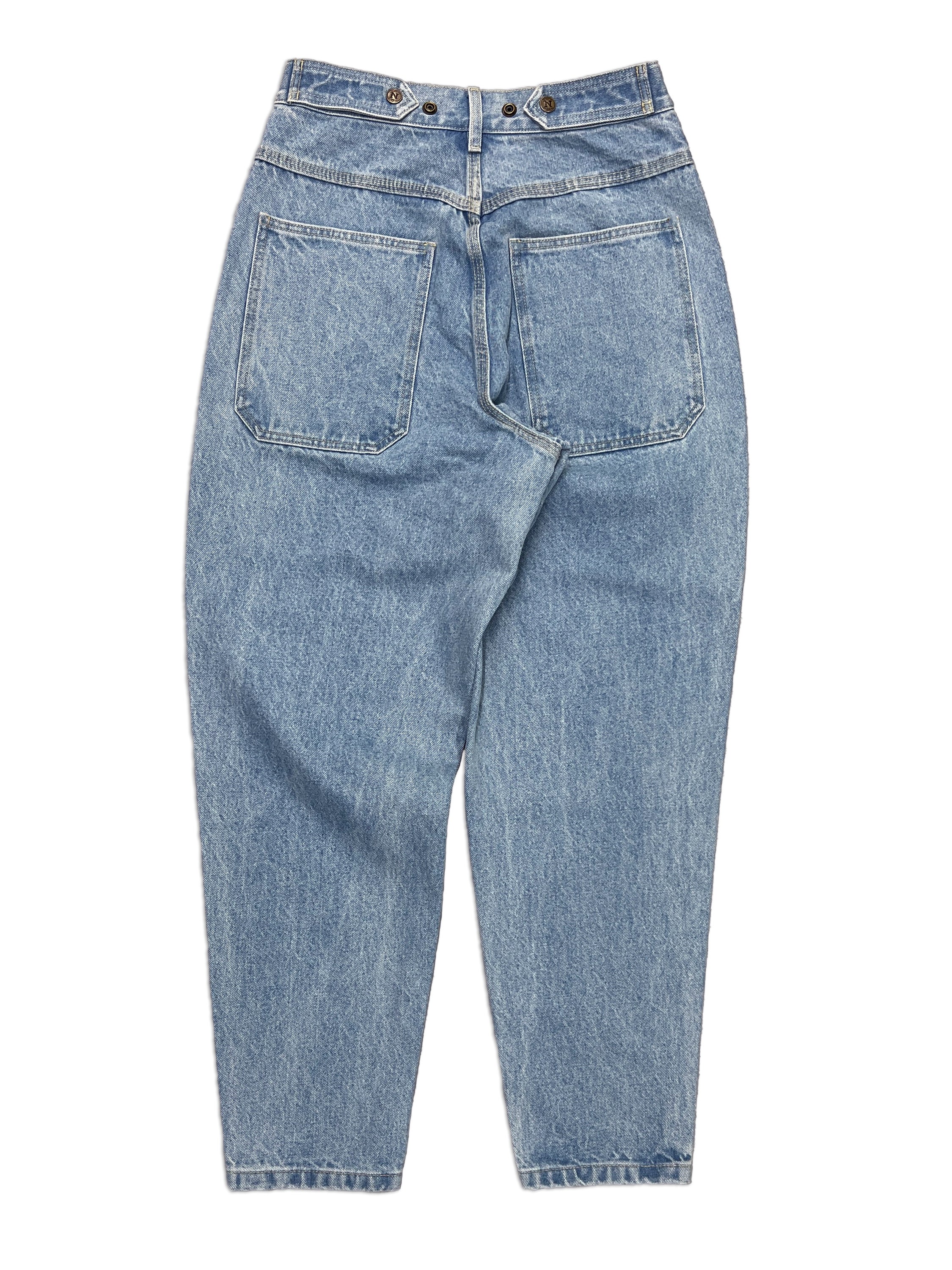 Tapered Standard Issue Denim Pants, 100% cotton - 14 ounce denim, Light Blue, Tapered leg, Unisex, gender neutral, adjustable waist band allows for 2 inches of stretch and 2 inches of tightening, back side picture, oversized denim back pocket