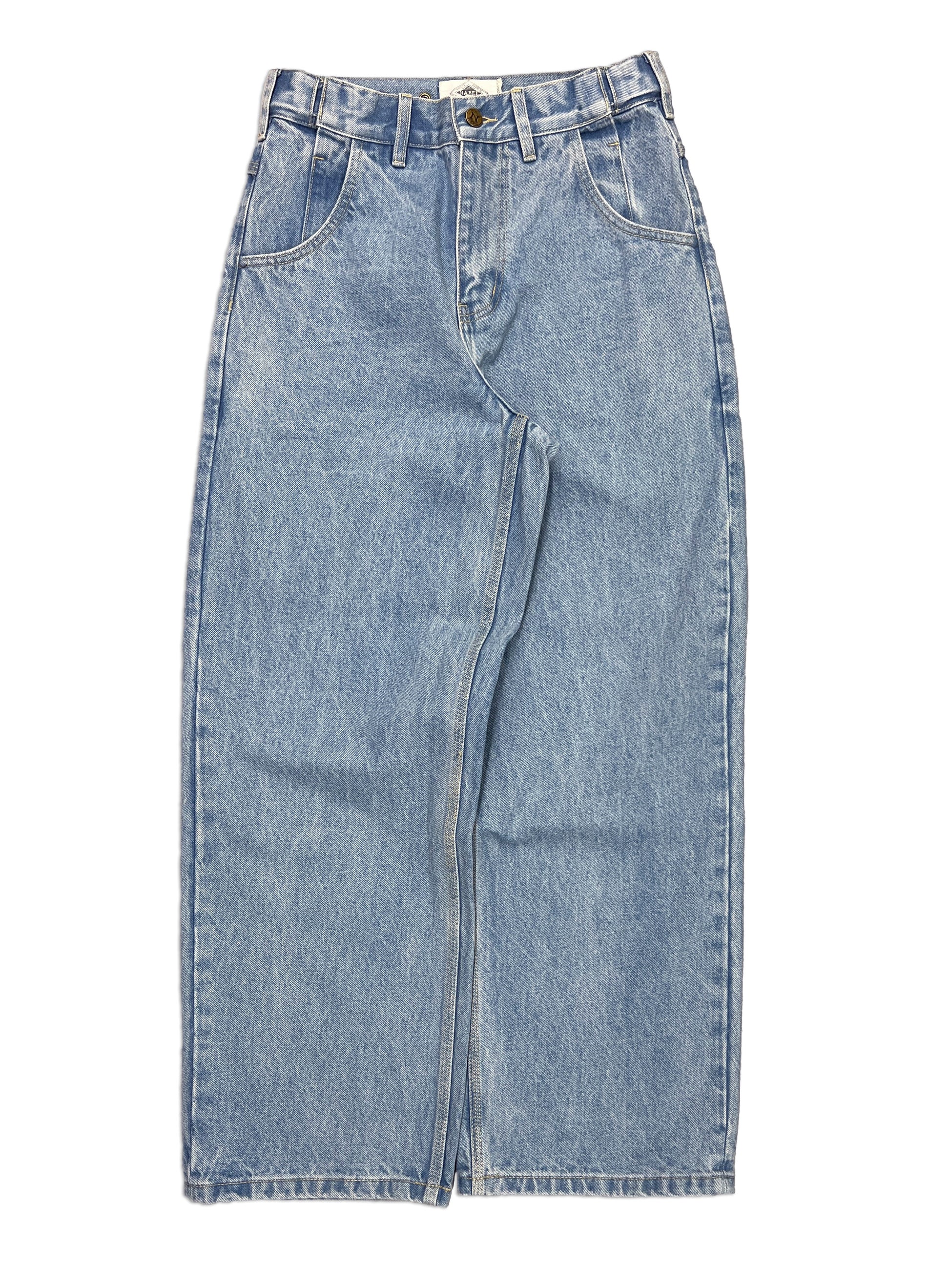 Straight Standard Issue Denim Pants, 100% cotton - 14 ounce denim, Light blue, Straight leg, Unisex, gender neutral, adjustable waist band allows for 2 inches of stretch and 2 inches of tightening, back side picture.