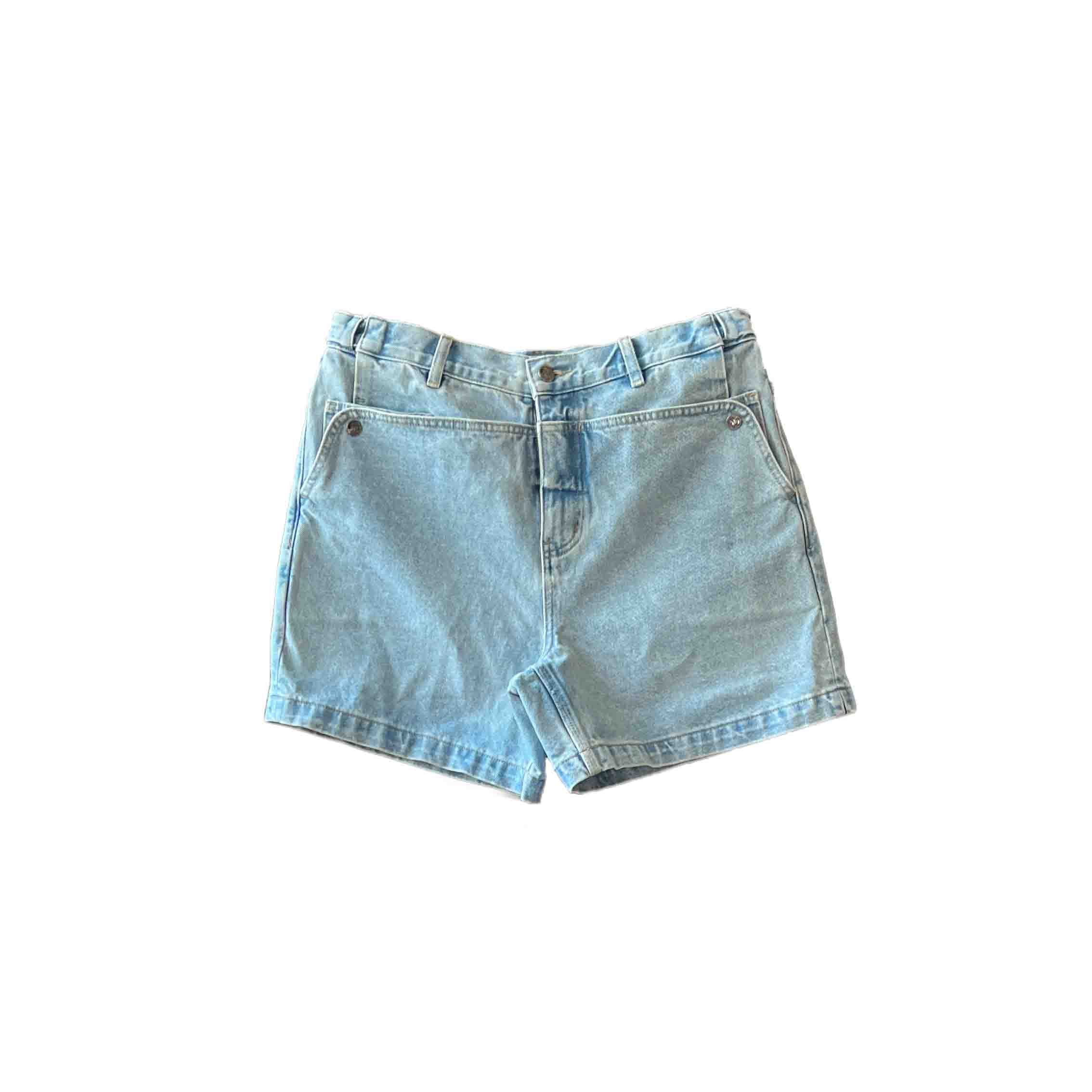 Waist: 33" x Inseam: 5" High Rise Light Blue Mule Ear Denim Shorts-1