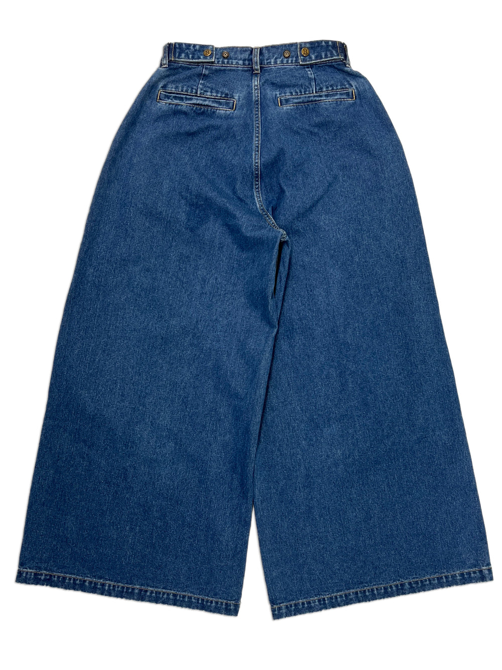 Culotte Denim Pants, 100% cotton - 12 ounce, Navy, Wide leg, Unisex, gender neutral, adjustable waist band allows for 2 inches of stretch and 2 inches of tightening, back side photo, welt pockets on both sides