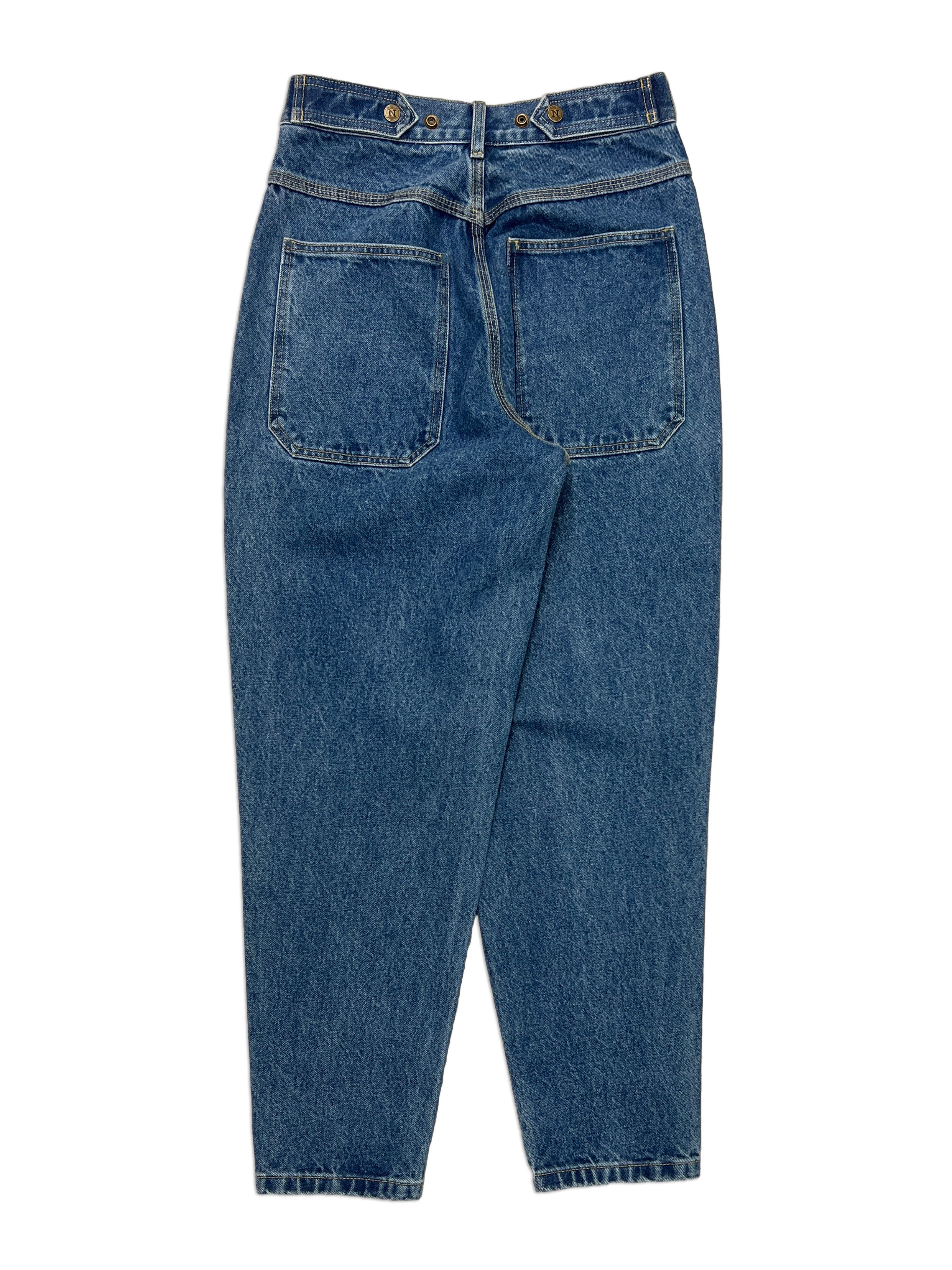 Tapered Standard Issue Denim Pants, 100% cotton - 14 ounce denim, Navy, Tapered leg, Unisex, gender neutral, adjustable waist band allows for 2 inches of stretch and 2 inches of tightening, back side picture, oversized denim back pocket