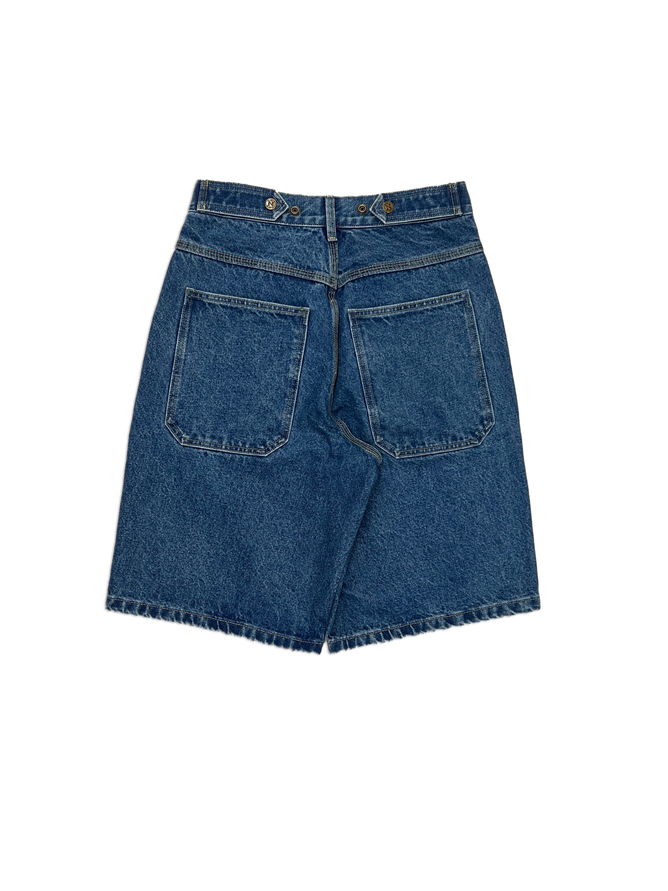 Standard Issue Denim Shorts, 100% cotton - 14 ounce denim, Navy, Straight fit, Unisex, gender neutral, adjustable waist band allows for 2 inches of stretch and 2 inches of tightening, back side picture, oversized denim back pocket