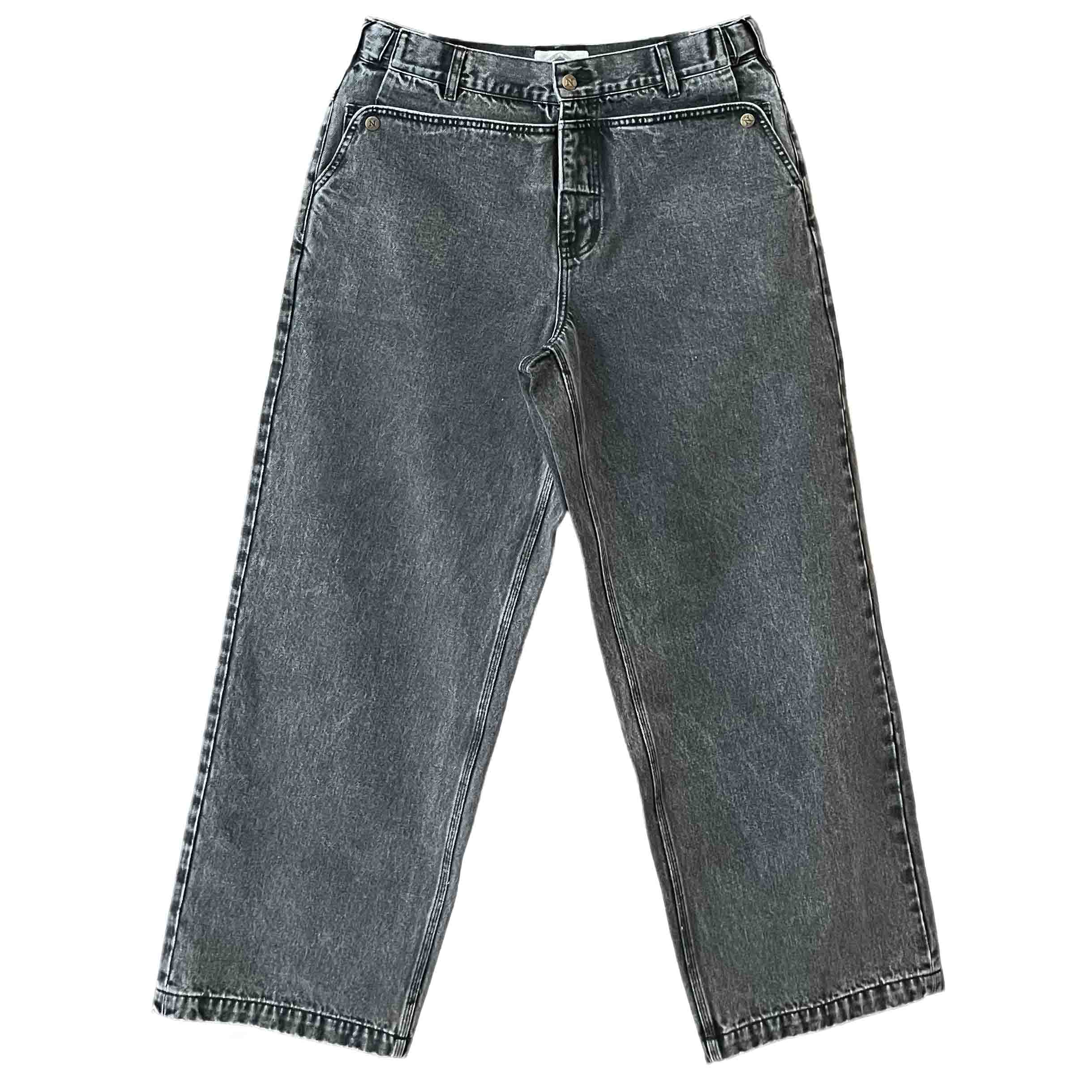 Waist: 34" x Inseam: 37" Black Straight Mule Ear Denim Pants-1
