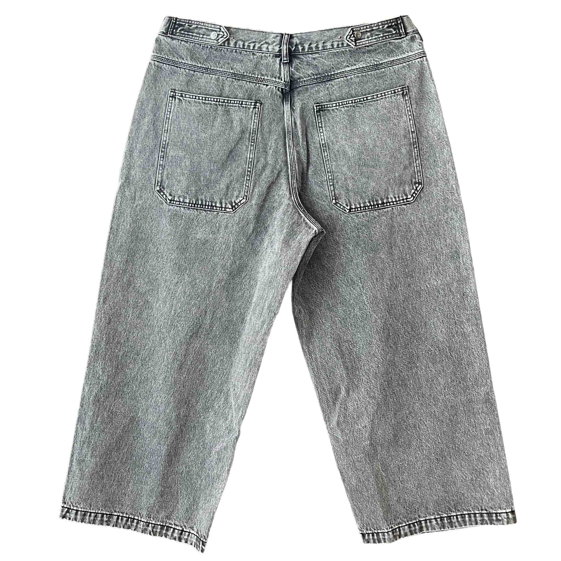 Waist: 42" x Inseam: 28" High Rise Black Straight Mule Ear Denim Pants-2