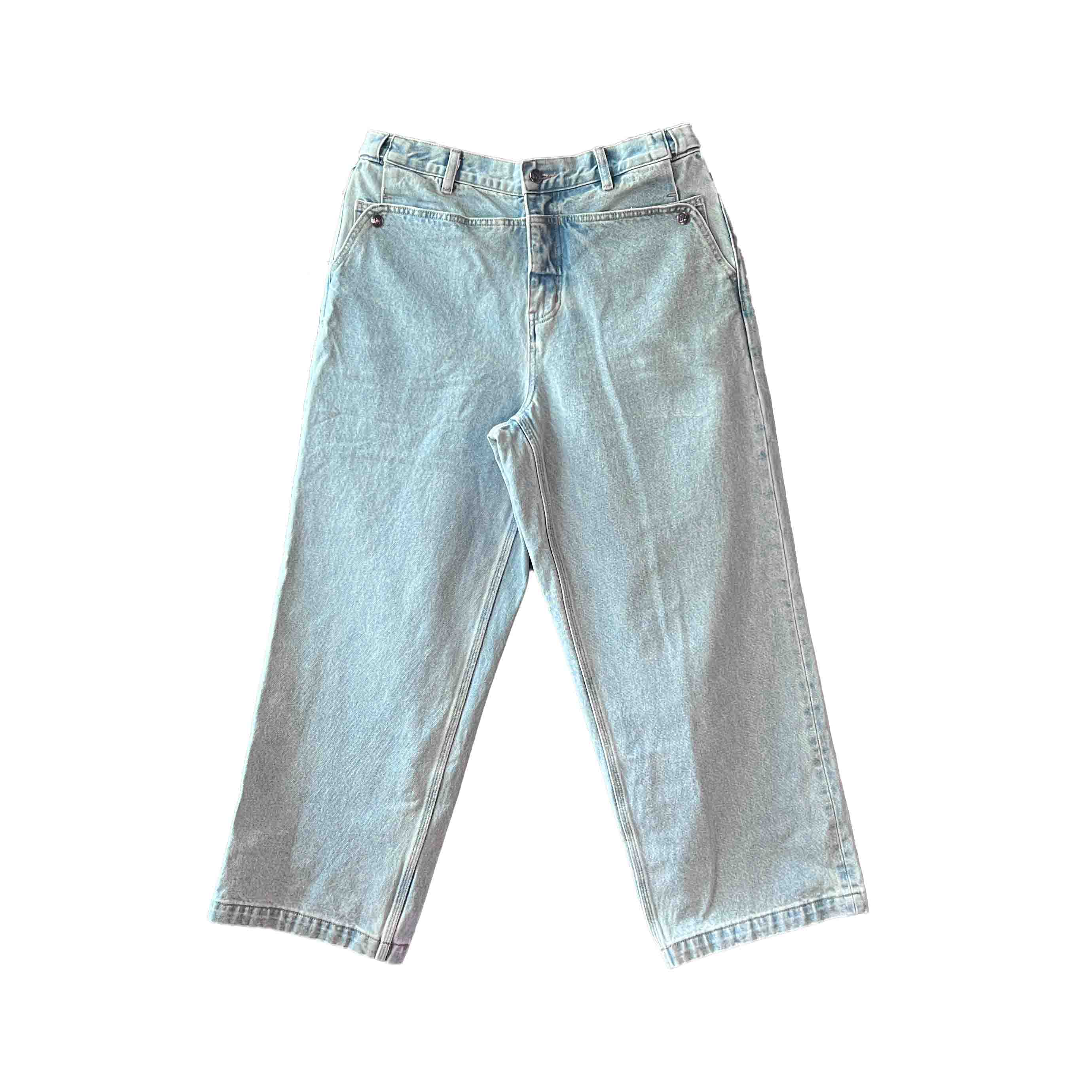 Waist: 33" x Inseam: 28" High Rise Light Blue Straight Mule Ear Denim Pants-1