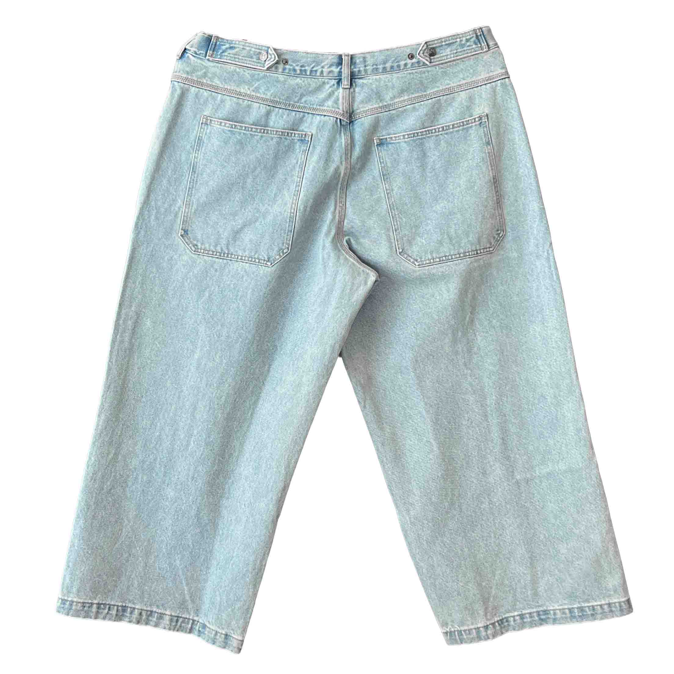 Waist: 42" x Inseam: 28" High Rise Light Blue Straight Mule Ear Denim Pants-2