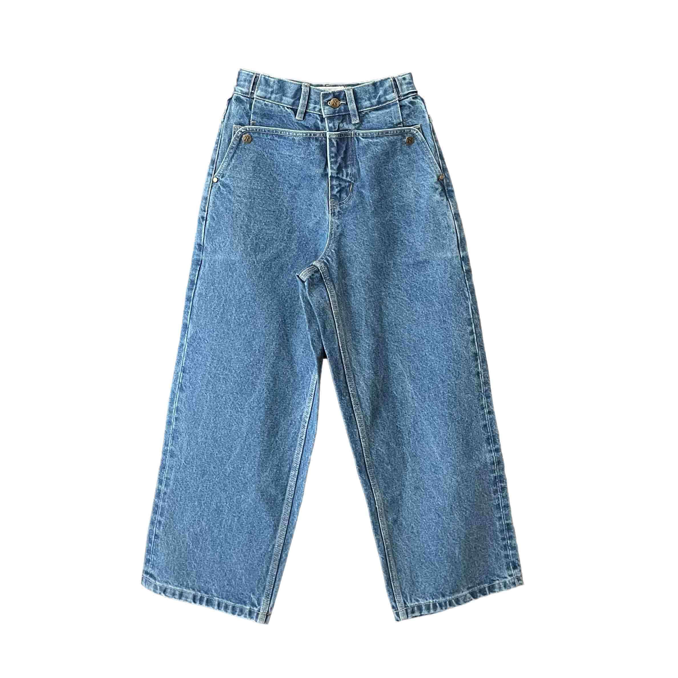 Waist: 24" x Inseam: 24" Navy Straight Mule Ear Denim Pants-1