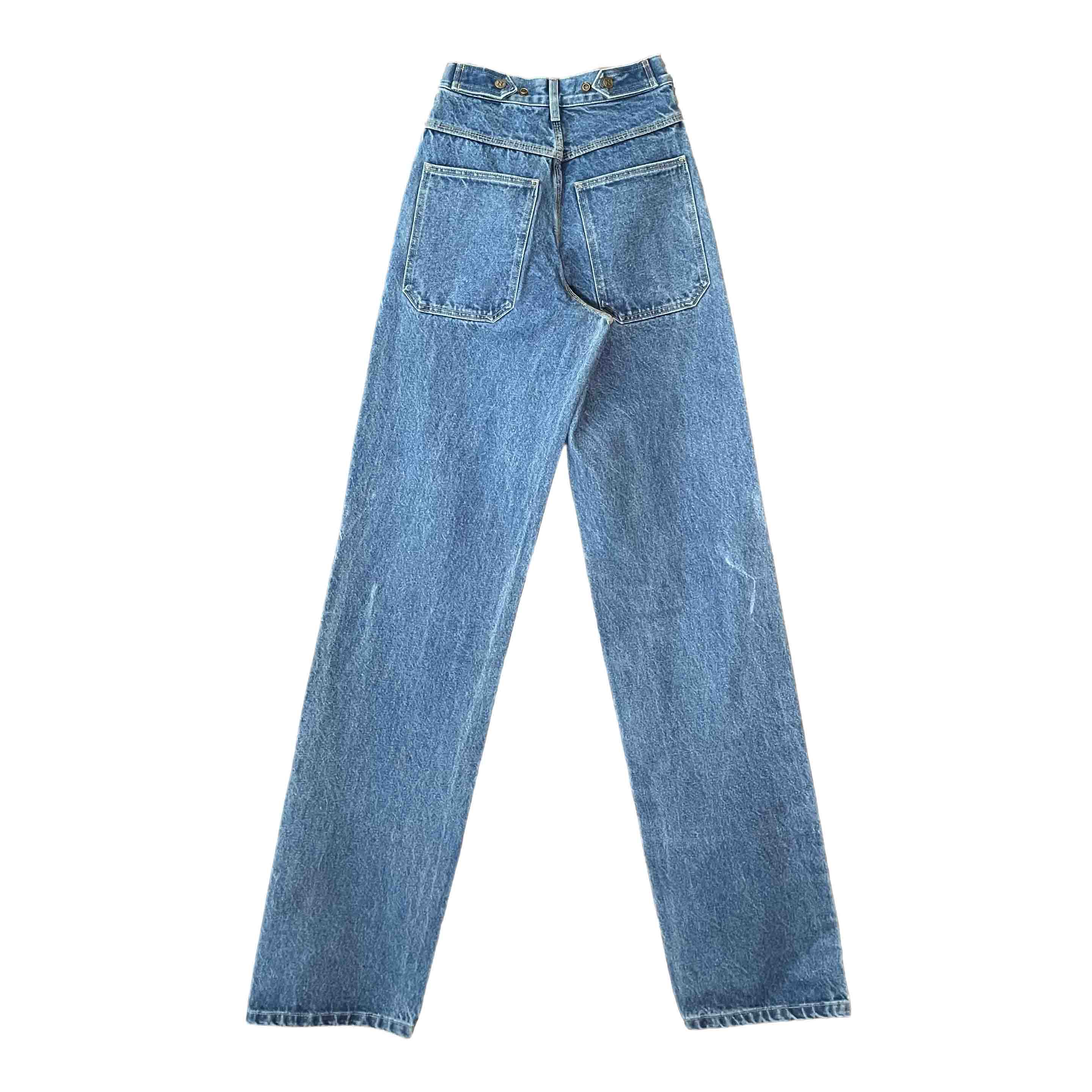 Waist: 24" x Inseam: 40" Navy Straight Mule Ear Denim Pants-2