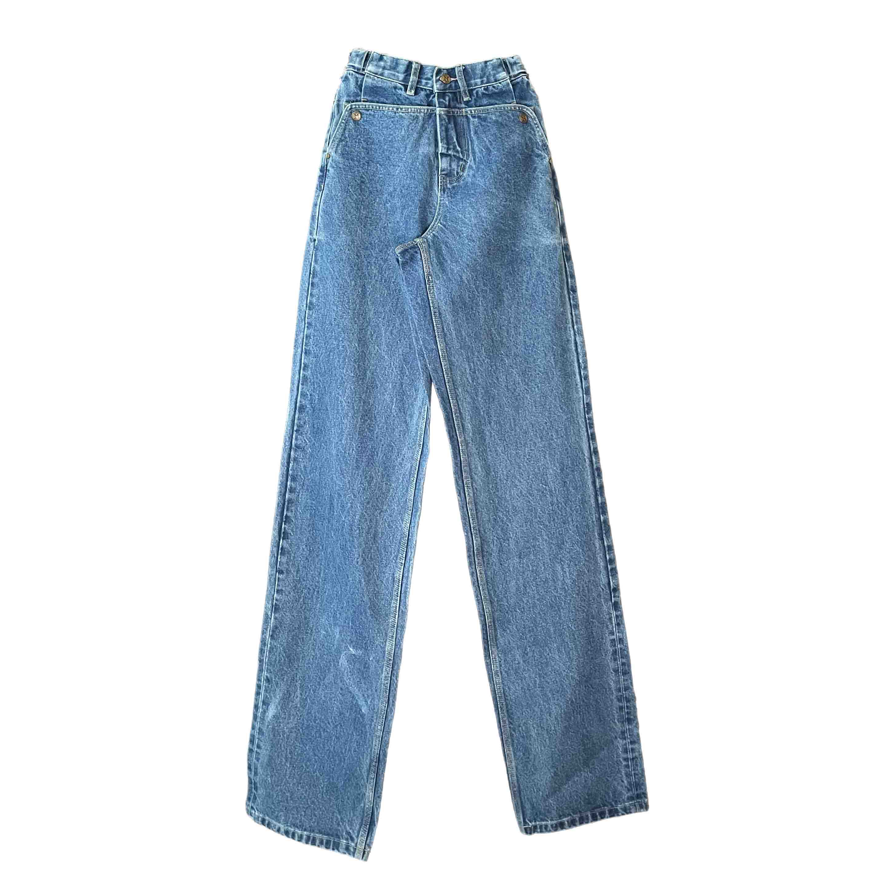 Waist: 24" x Inseam: 40" Navy Straight Mule Ear Denim Pants-1