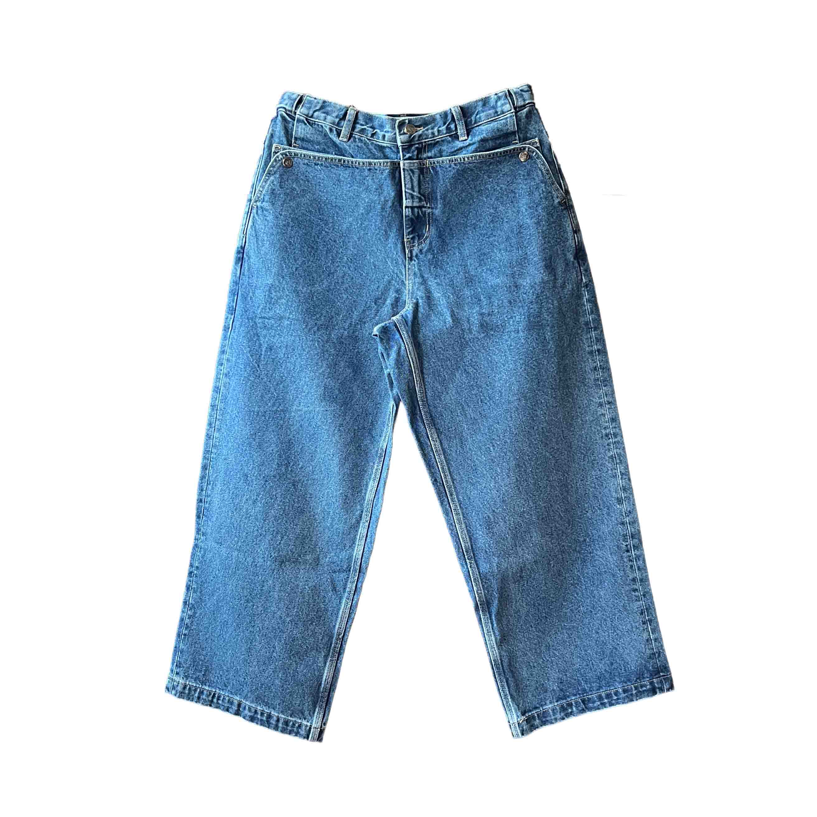 Waist: 33" x Inseam: 27" High Rise Navy Straight Mule Ear Denim Pants