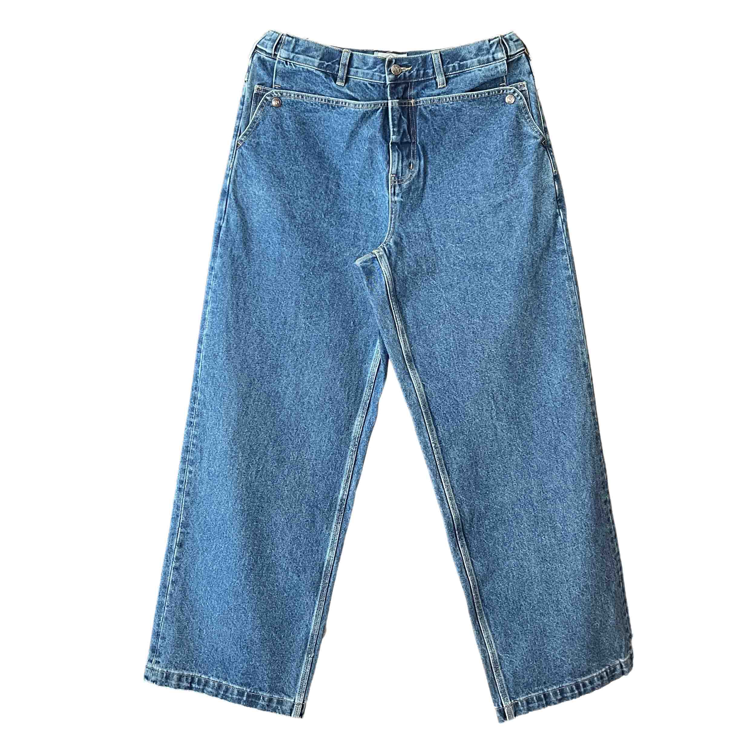 Waist: 34" x Inseam: 32" High Rise Navy Straight Mule Ear Denim Pants