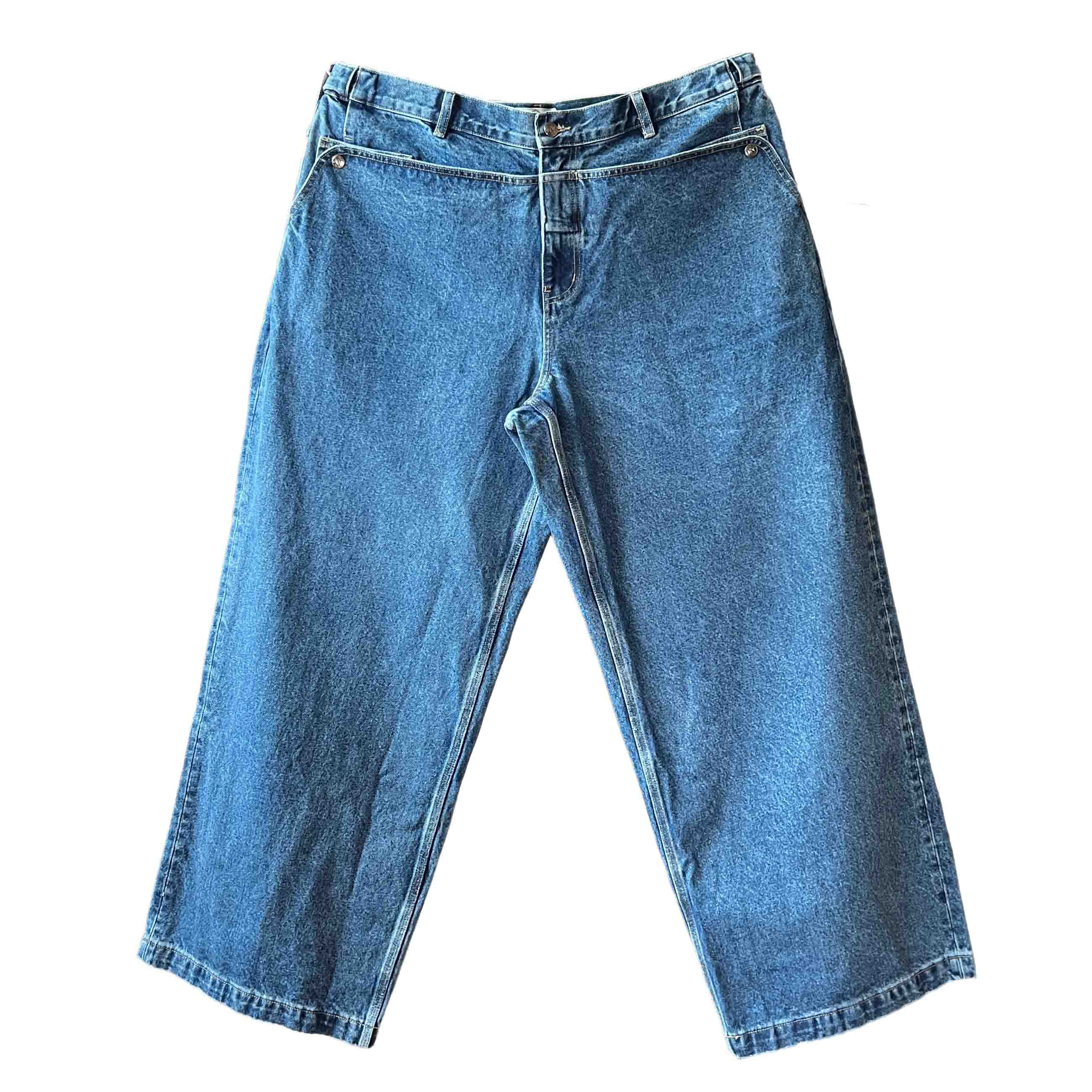 Waist: 42" x Inseam: 24" High Rise Navy Straight Mule Ear Denim Pants-1