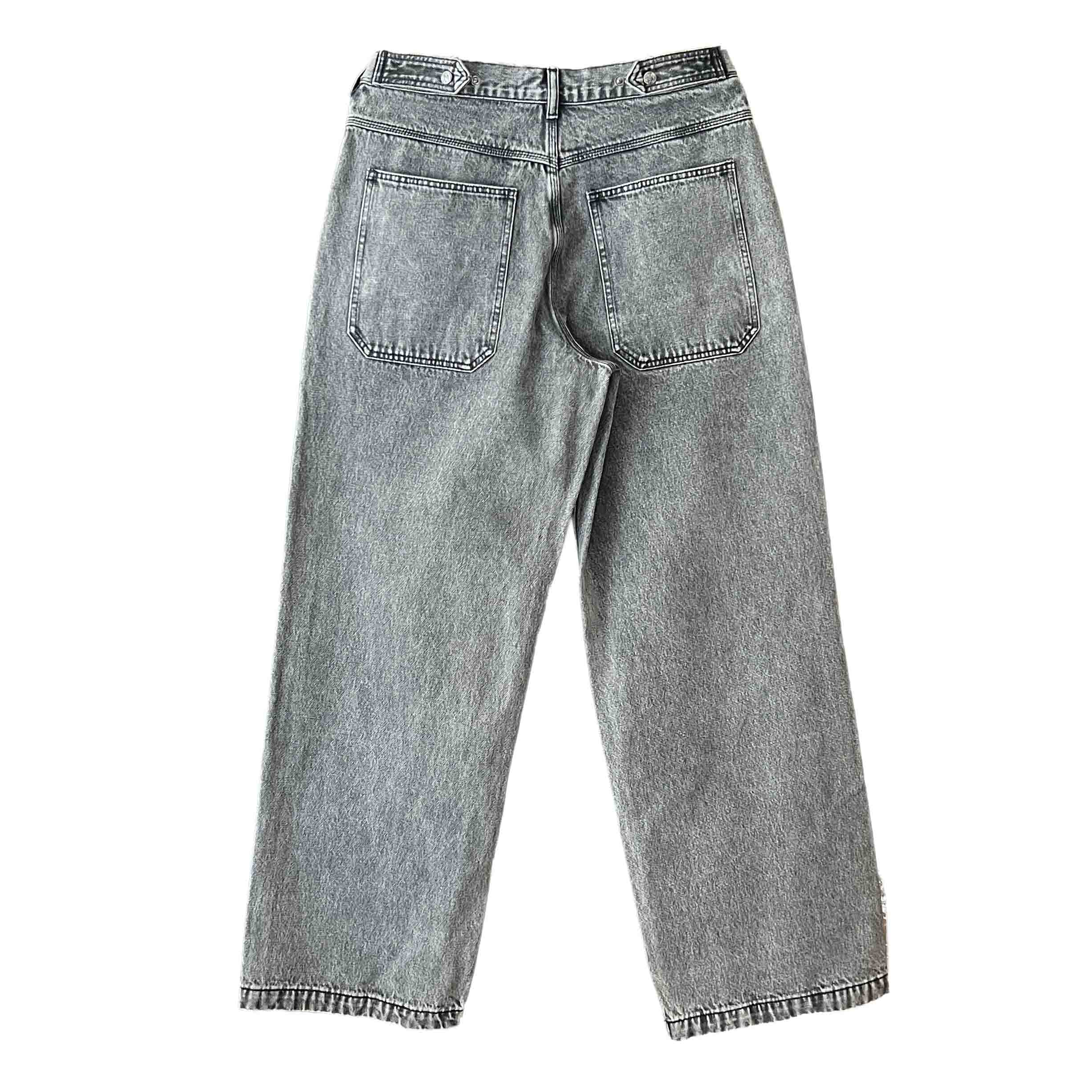 Waist: 34" x Inseam: 32" High Rise Black Straight Mule Ear Denim Pants-2
