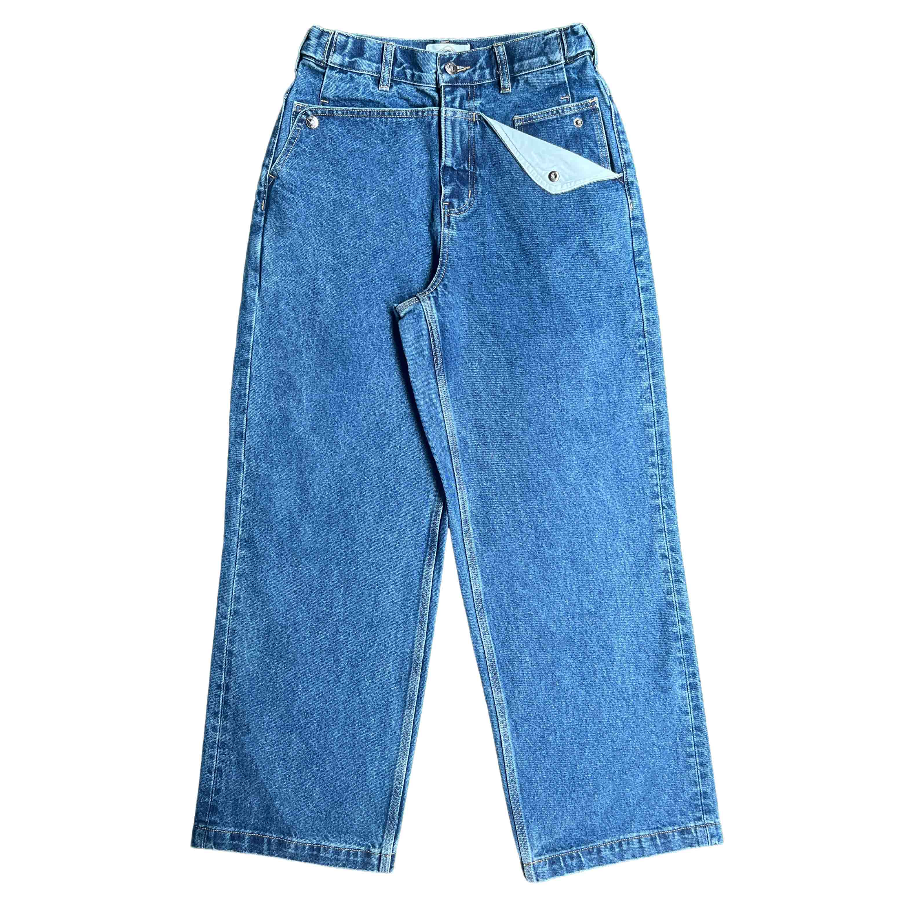 Navy Straight Mule Ear Denim Pants