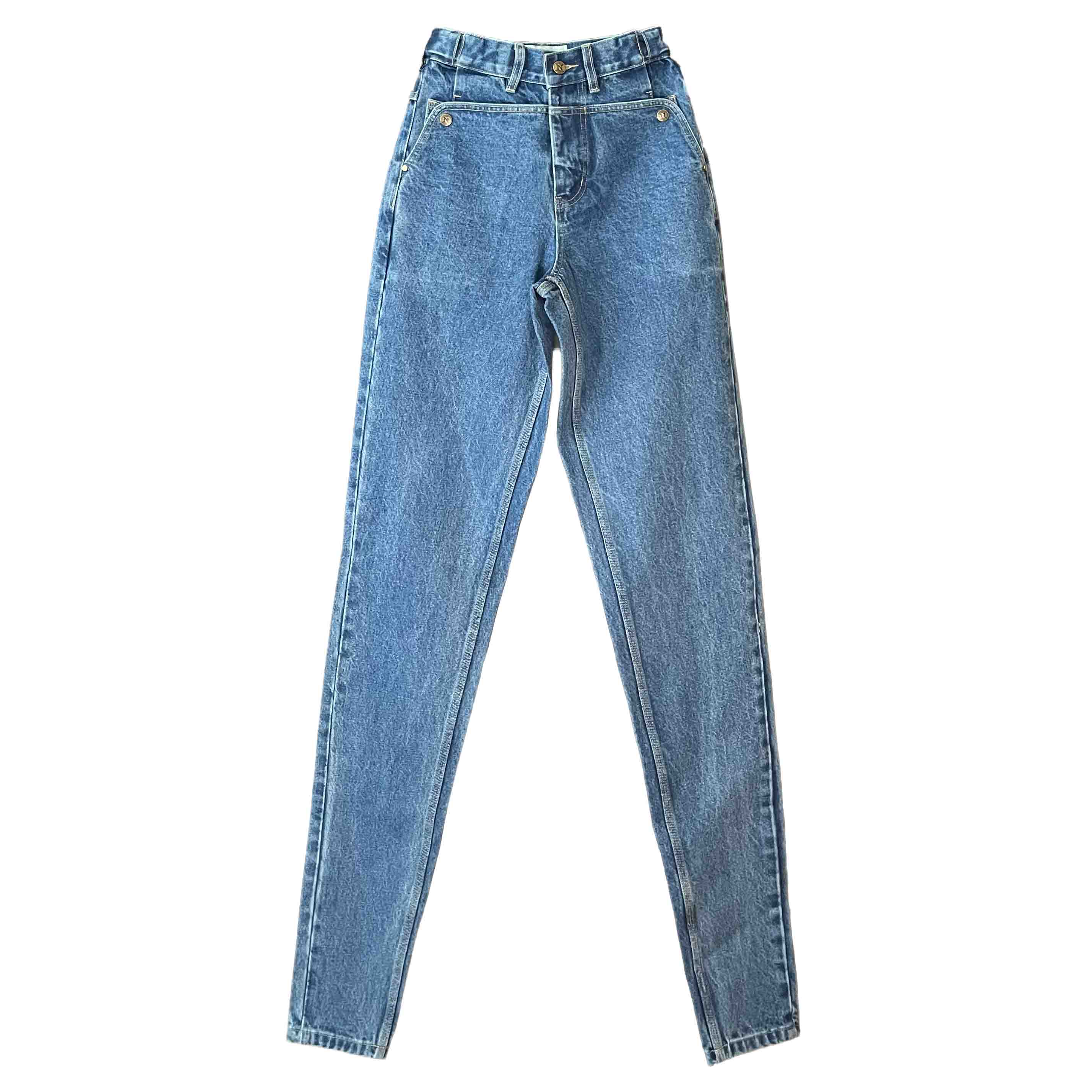 Waist: 24" x Inseam: 40" Navy Tapered Mule Ear Denim Pants-1