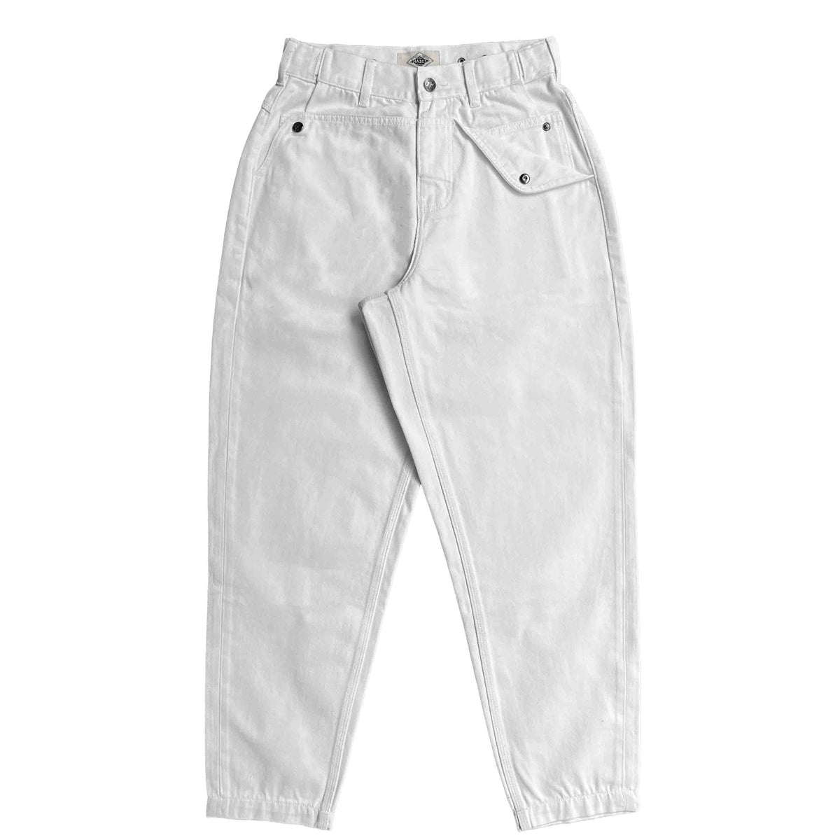 White Tapered Mule Ear Denim Pants